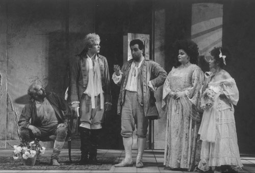 As Figaro in St. Gallen with Bo Scovhus as the Count (left), Caroline James as the Countess (first on the right), and Andrea Rost as Susanna.