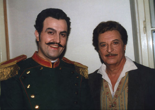 In an intermission of Elisir d'Amore at the Vienna State Opera as Belcore with Alfredo Kraus as Nemorino.